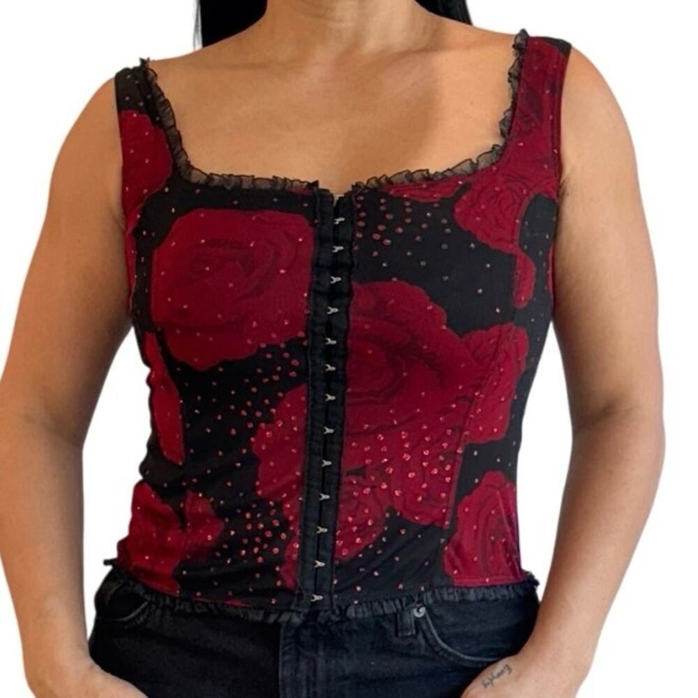 Y2K rose print corset style top black red mesh rhinestone goth grunge small USA